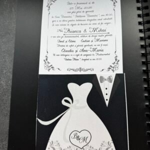 Invitație Nuntă Alb Negru Model Elegant Rochie & Costum Mire