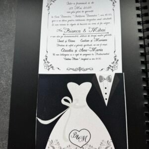 Invitație Nuntă Alb Negru Model Elegant Rochie & Costum Mire