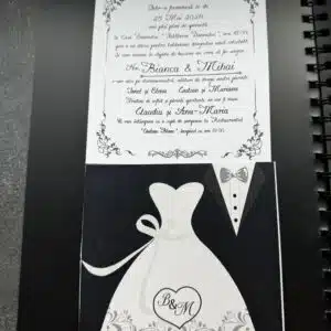Invitație Nuntă Alb Negru Model Elegant Rochie & Costum Mire