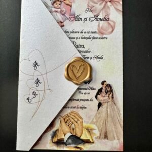 Invitație nuntă și botez cu accente roșii baby girl religioase 2 în 1