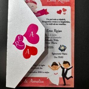 Invitație nuntă și botez cu tematică roșie baby girl 2 în 1