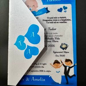 Invitație nuntă și botez cu tematică albastră și design familie 2 în 1