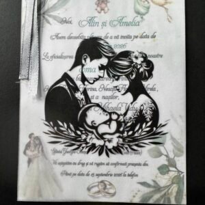 Invitație nuntă și botez cu siluetă familie și design floral elegant