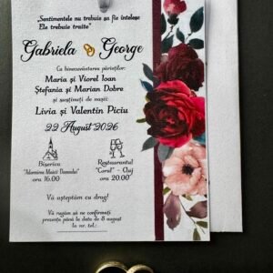 Invitație nuntă florală roșie cu fundă elegantă și design modern