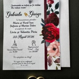 Invitație nuntă florală roșie cu fundă elegantă și design modern