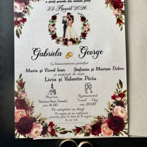 Invitație nuntă cu ramă aurie florală și cuplu ilustrat elegant