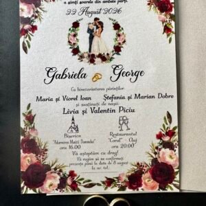 Invitație nuntă cu ramă aurie florală și cuplu ilustrat elegant