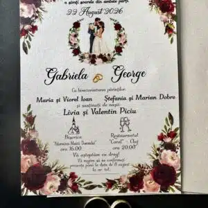 Invitație nuntă cu ramă aurie florală și cuplu ilustrat elegant