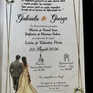 Invitație nuntă cu ramă aurie și flori pastel elegante