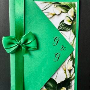 Invitație nuntă verde cu cale și fundă satinată elegantă