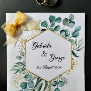 Invitație nuntă verde cu ramă aurie elegantă