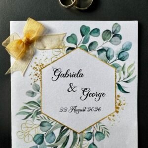 Invitație nuntă verde cu ramă aurie elegantă