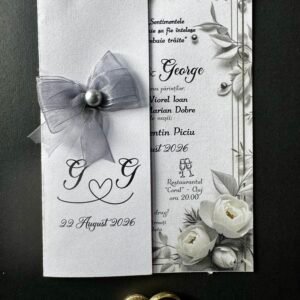 Invitație nuntă elegantă gri cu fundă satinată