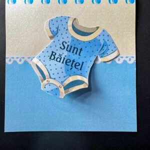 Invitație botez cu body ilustrat și fundal bleu personalizată