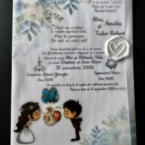 Invitație nuntă și botez cu flori pastel și personaje animate 2 în 1