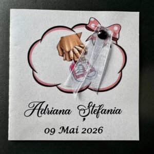 Invitație botez cu botoșei roșii și panglică personalizată
