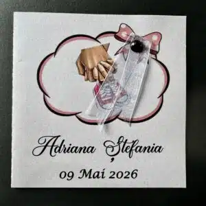 Invitație botez cu botoșei roșii și panglică personalizată