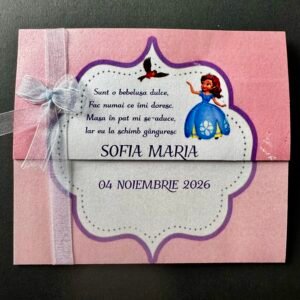 Invitație botez cu prințesă desenată și flori pastel