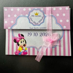 Invitație botez cu Minnie roz pentru fetiță