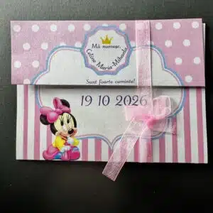 Invitație botez cu Minnie roz pentru fetiță