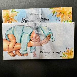 Invitație botez cu bebeluș desenat și crini personalizată