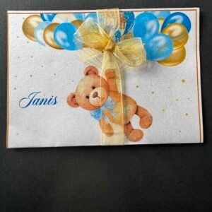 Invitație botez cu ursuleț și baloane bleu personalizată