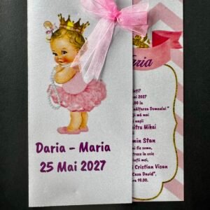 Invitație botez cu prințesă roz și calc personalizată