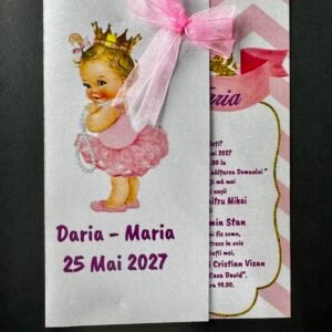 Invitație botez cu prințesă roz și calc personalizată