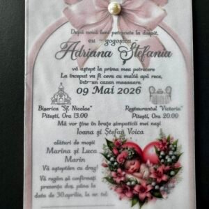Invitație botez roz cu fundă satinată și calc personalizată