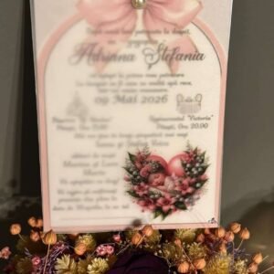 Invitație Botez Tipărită Florală Roz