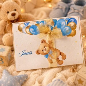 Invitație botez cu ursuleț și baloane bleu personalizată
