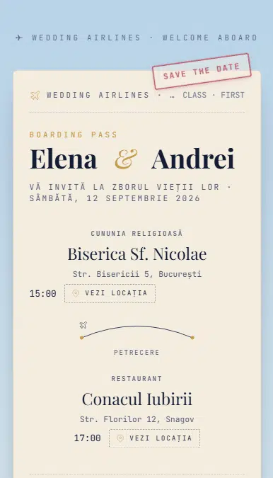 Invitație Nuntă Boarding Pass Premium