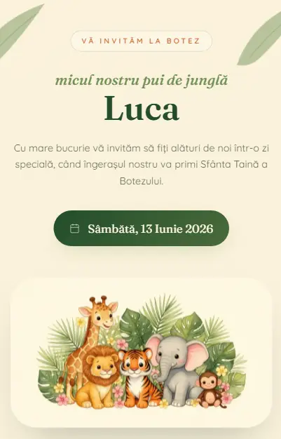 Invitație Botez Junglă Magică – 7 Secțiuni Interactive 2026 1 jungla-1