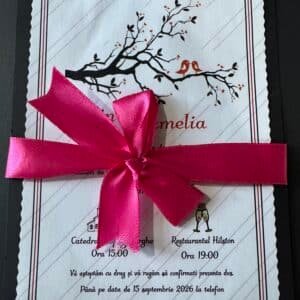 Invitație nuntă tipărită cu păsărele pe copac și fundă fucsia