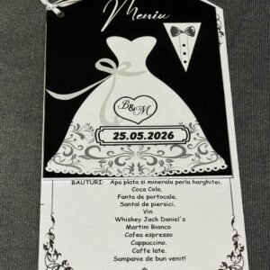 meniu nuntă tipărit alb negru rochie costum