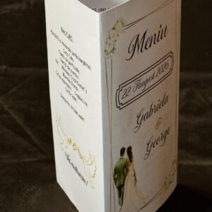 meniu nuntă ramă aurie cuplu ilustrat