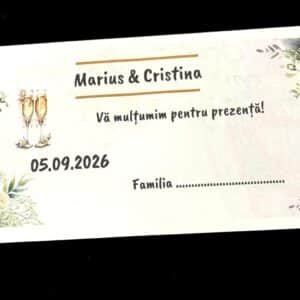 plic bani nuntă floral cu trandafiri albi