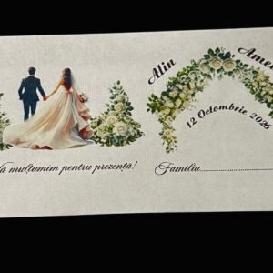 plic bani nuntă cu miri și arcadă florală