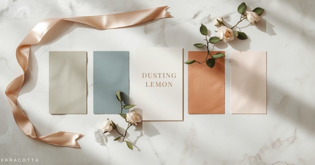 Palete de culori pentru nuntă 2026 — sage, dusty blue, terracotta, champagne și blush