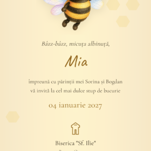 Invitație digitală botez Albinuta - albinuta drăguță si nume Mia