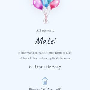 Invitație digitală botez Balonase - buchet de baloane colorate si nume Matei