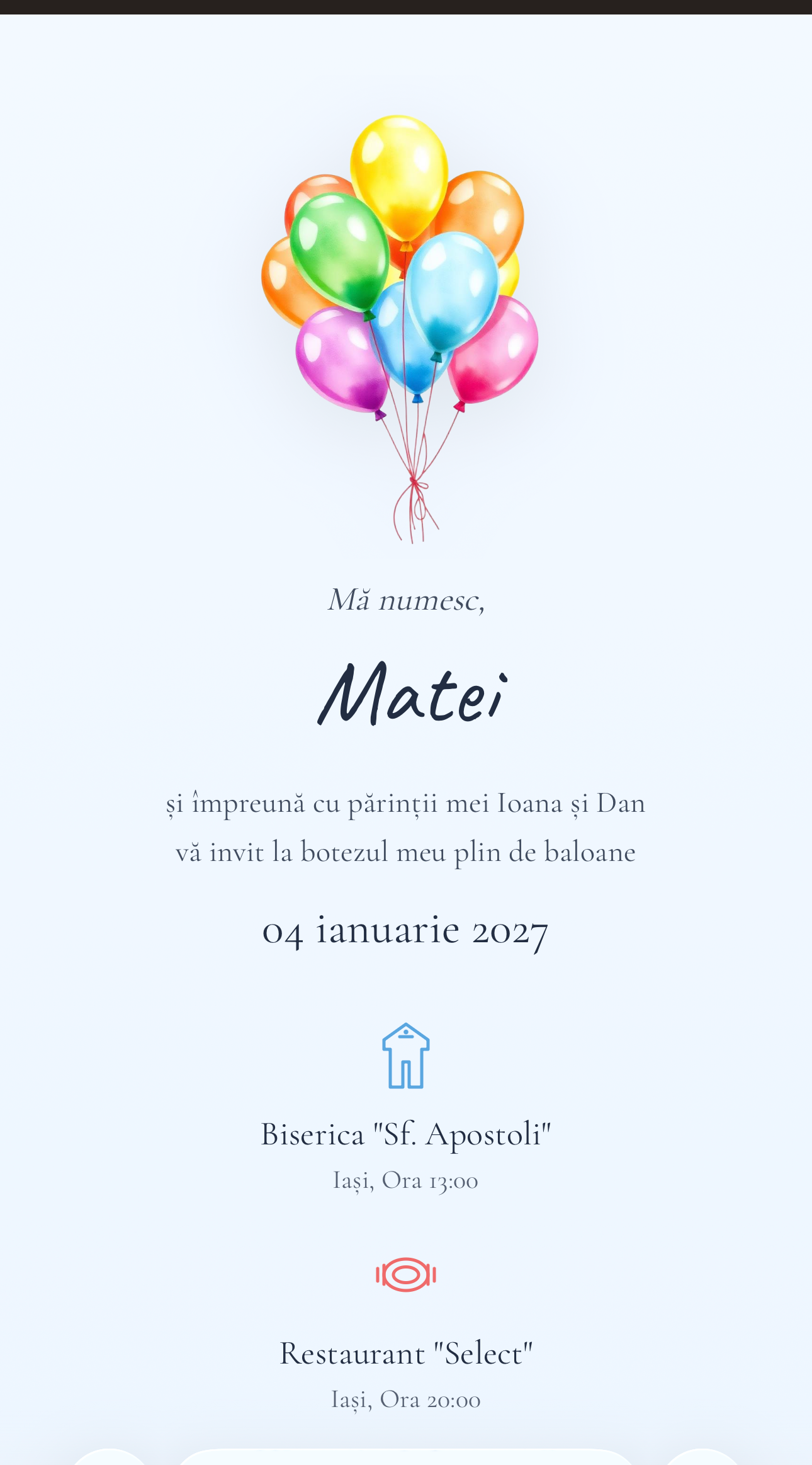 Invitație Digitală Botez – Balonașe 1 Invitație digitală botez Balonase - buchet de baloane colorate si nume Matei