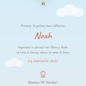 Invitație digitală botez Balonzbor - balon cu aer cald pe cer si nume Noah