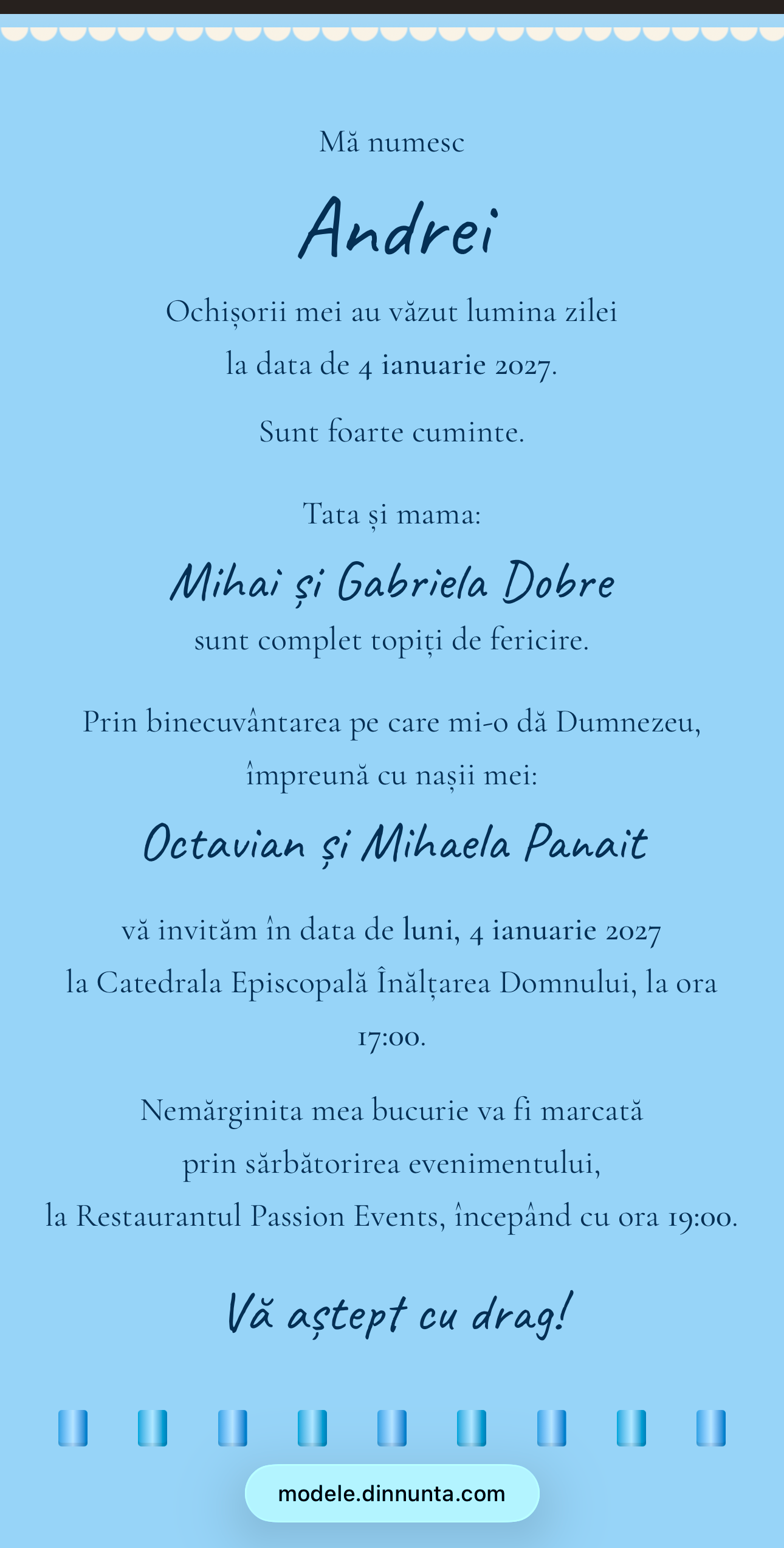 Invitație Digitală Botez – Bodyca Bleu 3 Invitație digitală botez Bodyca Bleu - nume Andrei cu parinti si nasi