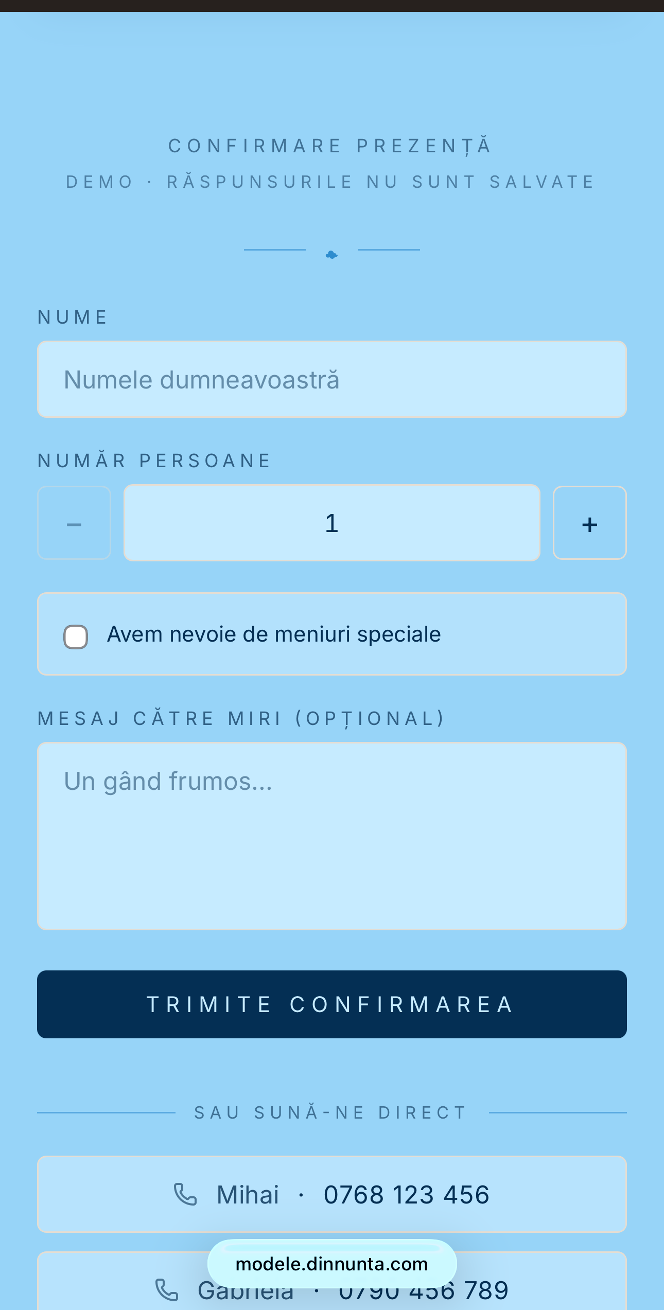 Invitație Digitală Botez – Bodyca Bleu 4 Invitație digitală botez Bodyca Bleu - formular RSVP confirmare participare