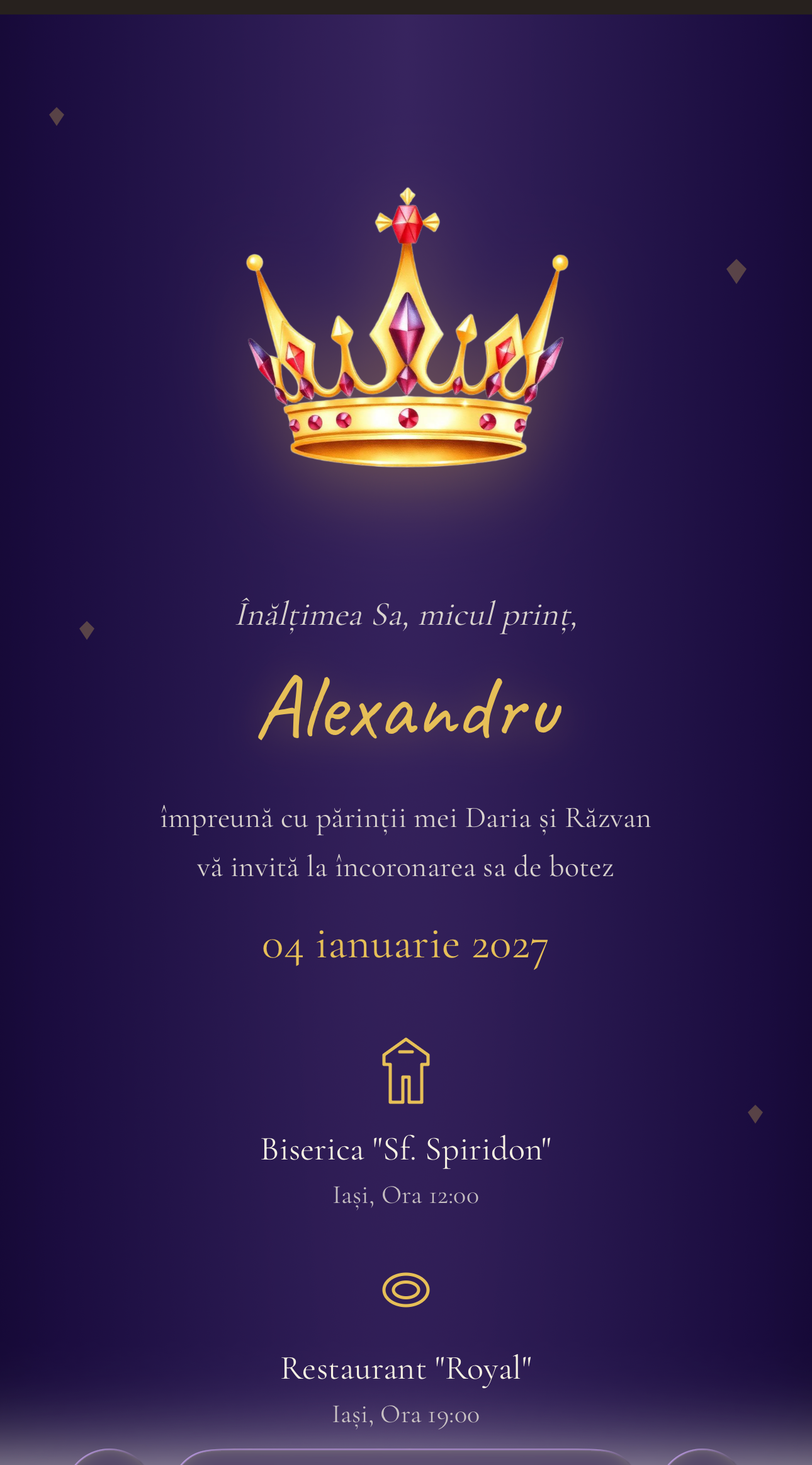 Invitație Digitală Botez – Coronița 1 Invitație digitală botez Coronița - coroana aurie regala si nume Alexandru