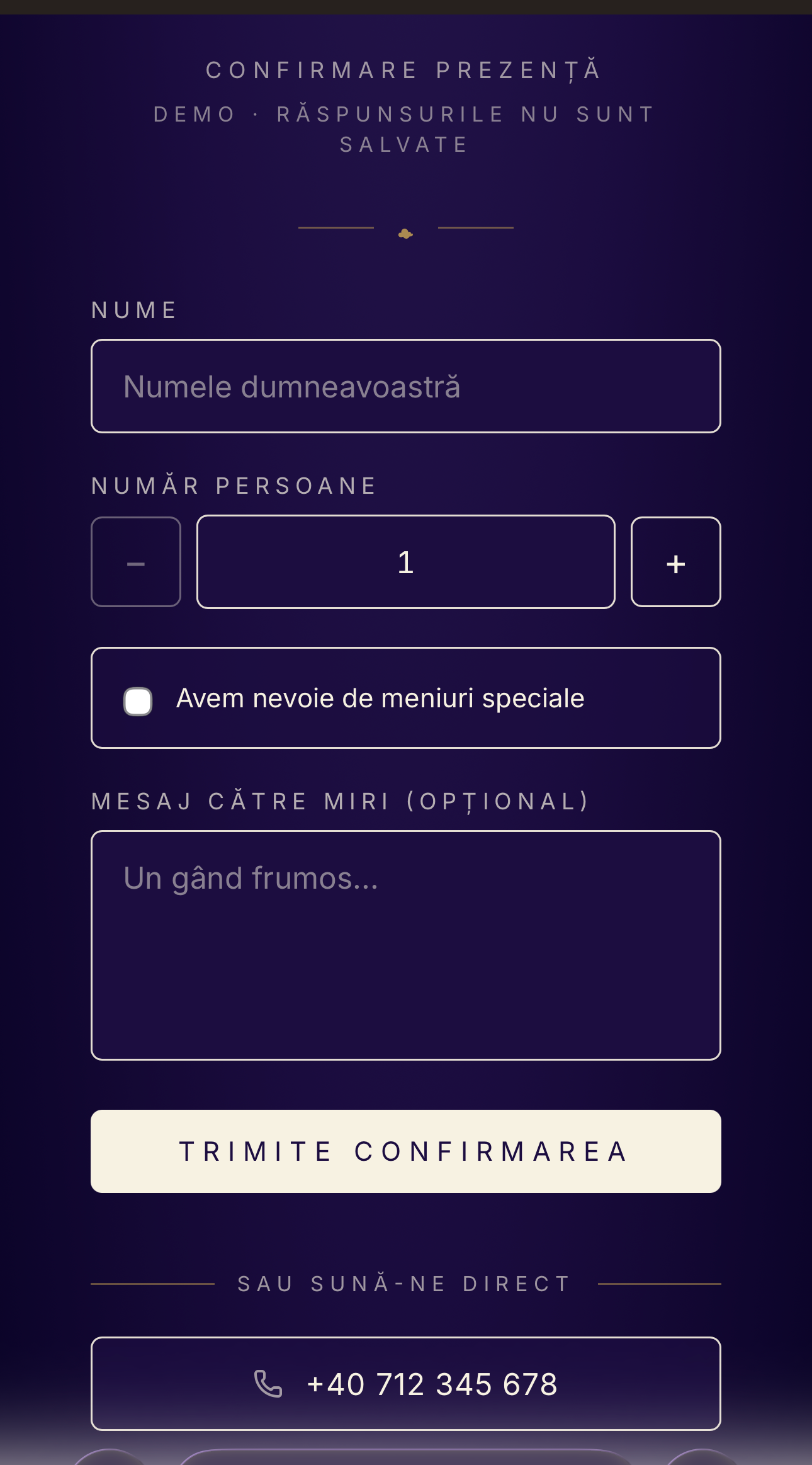 Invitație Digitală Botez – Coronița 4 Invitație digitală botez Coronița - formular RSVP confirmare participare