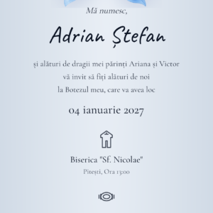Invitație digitală botez Fundița - funda albastra si nume Adrian Stefan