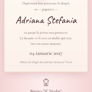 Invitație digitală botez Fundița Roz - arc cu funda roz si poezie gogosica