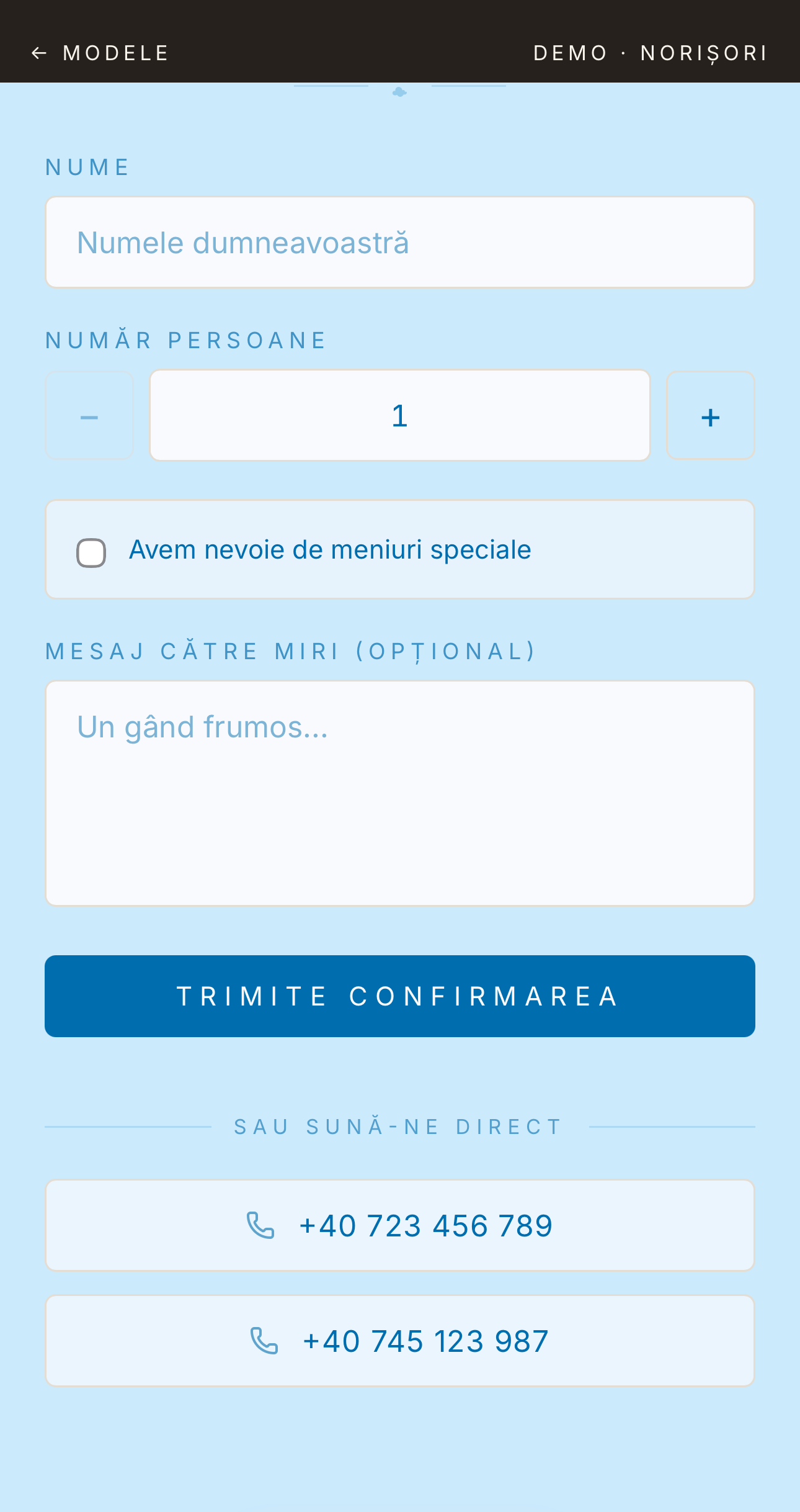 Invitație Digitală Botez – Norișori 4 Invitație digitală botez Norișori - formular RSVP confirmare participare
